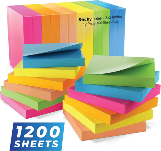 Sticky Notes 3x3 (12 Pads/1200 Sheets) – 2026 Improved Adhesive, Super Sticky & Bright Neon Colors – 1200 Sheets – Ideal for School, Office & Desk Supplies