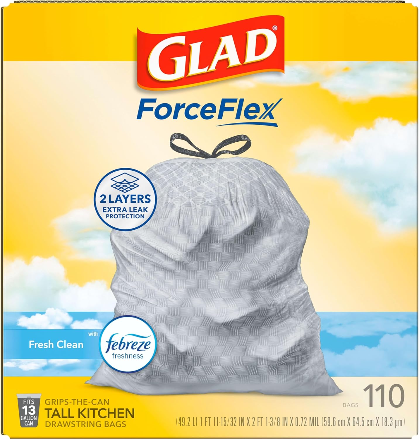 Glad Tall Kitchen Drawstring Trash Bags - Odorshield 13 Gallon White Trash Bag, Febreze Fresh Clean, 110 Count