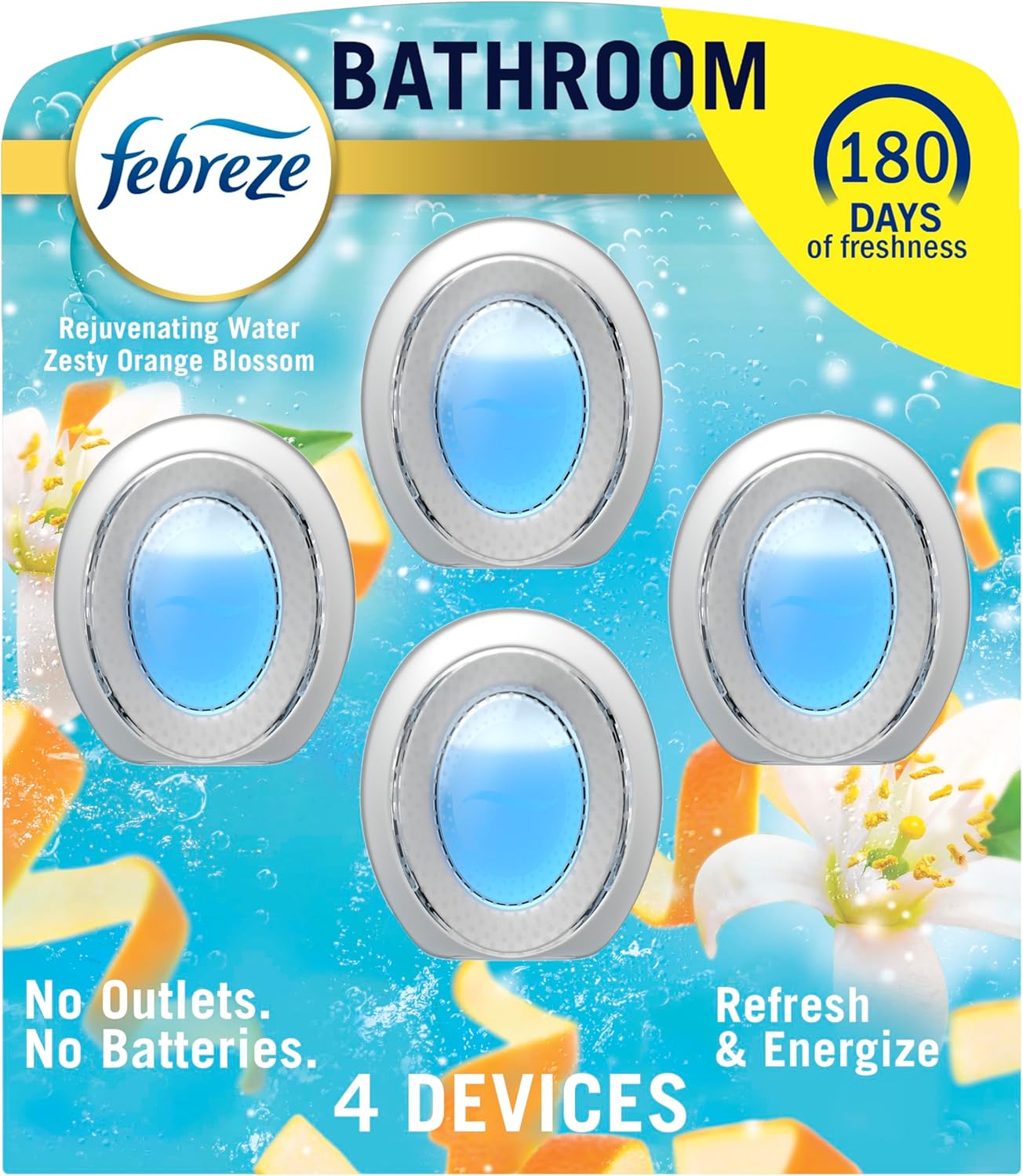 Febreze Bathroom Air Freshener, Odor-Fighting, Plug In Alternative, Air Fresheners for Home and Bathroom and Kitchen, Closet Air Fresheners, Refresh & Energize Scent, 4 Count