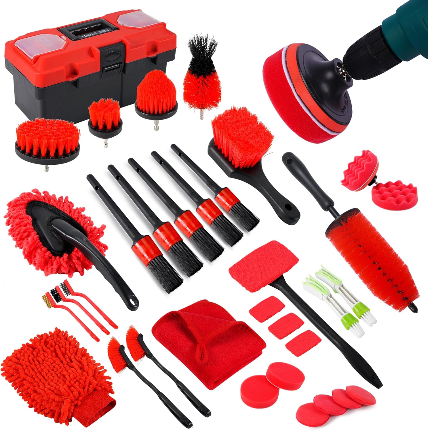 35Pcs Car Detailing Kit, Car Cleaning Kit with Windshield Cleaning Tool and Tool Box, Interior & Exterior Auto Care Supplies and Brushes (B：35PCS-R)