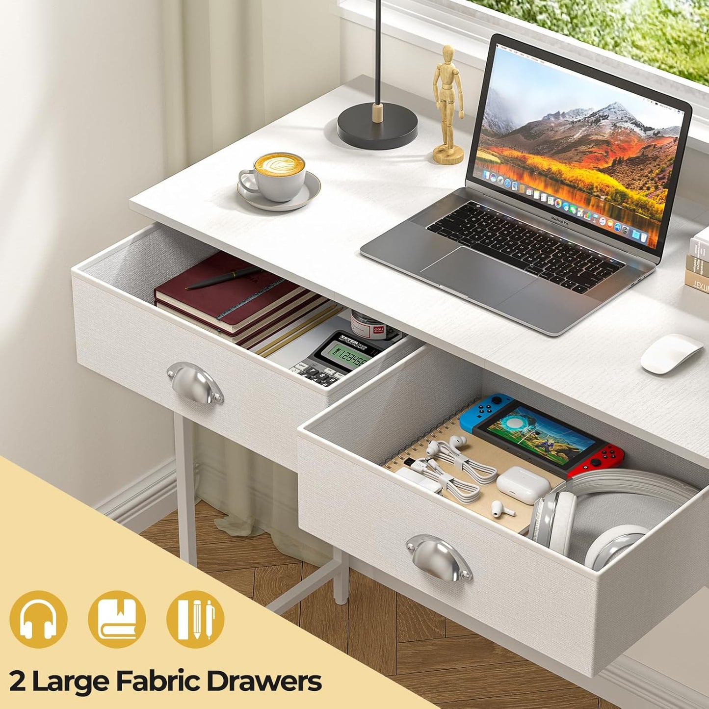 Small Writing Desk for Kids Bedroom, 31.5 Inch White Computer Desk for Small Spaces, Simple Desk with 2 Fabric Drawers for Home Office, Dorm, Living Room, Home Study Table, White