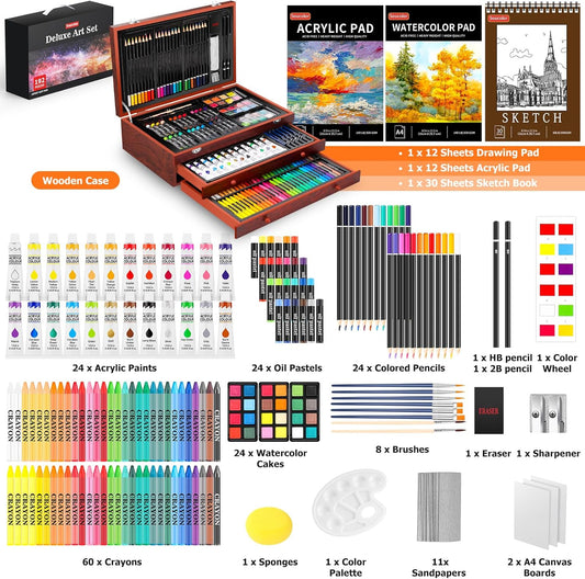Soucolor Art Supplies, 192-Pack Deluxe Art Set Drawing Painting Supplies Kit with Acrylic Pad, Watercolor Pad, Sketch Book, Canvases, Acrylic Paint, Crayons, Pencils, Gifts for Artist Adults Teen Kids