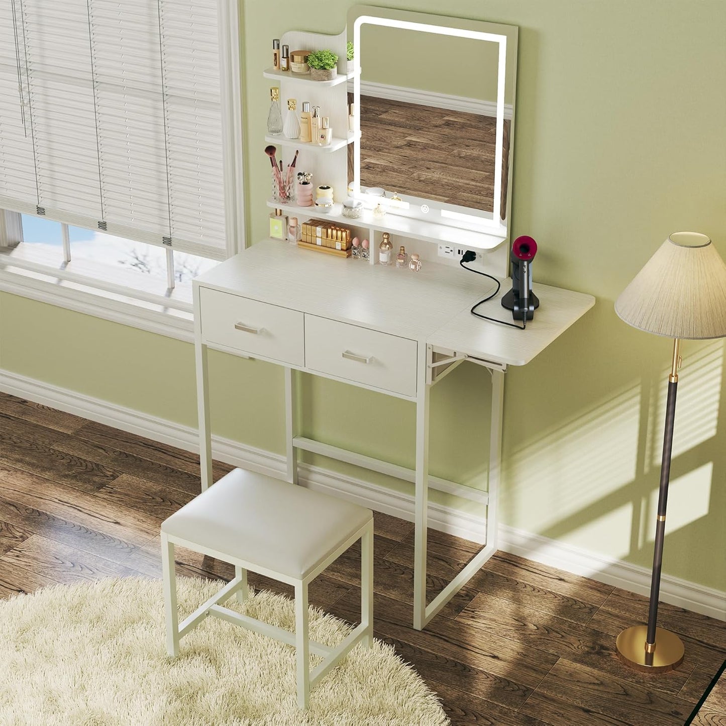 Small Vanity Desk with Mirror and Lights, Makeup Vanity with Fabric Storage Drawer, Chair and Three Shelves, White Vanity with Power Outlet and Fold-up Panel, Bedroom