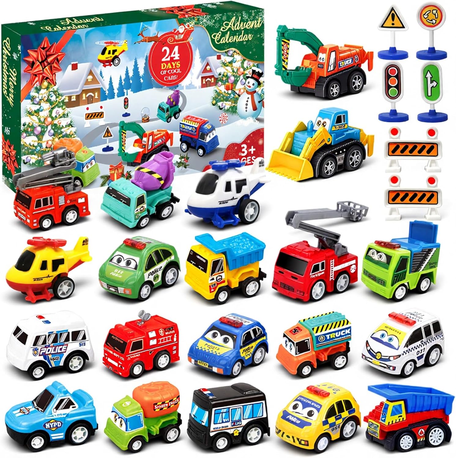 Advent Calendar 2025 Kids Boys, 24 Days Christmas Countdown with Pull-Back Cars Traffic Sign Sets, Christmas Advent Calendar Vehicles Holiday Gifts Kids Boys Girls Toddlers