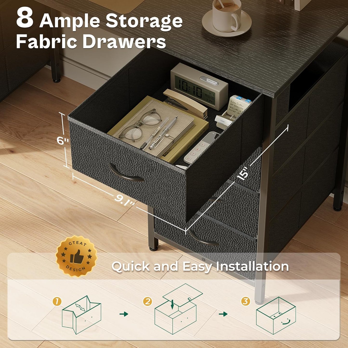 Huuger 47 Inch Computer Desk with 8 Fabric Drawers, Office Desk Work Desk for Home Office, Study, Gaming Desk with Drawers, Large Storage, Black