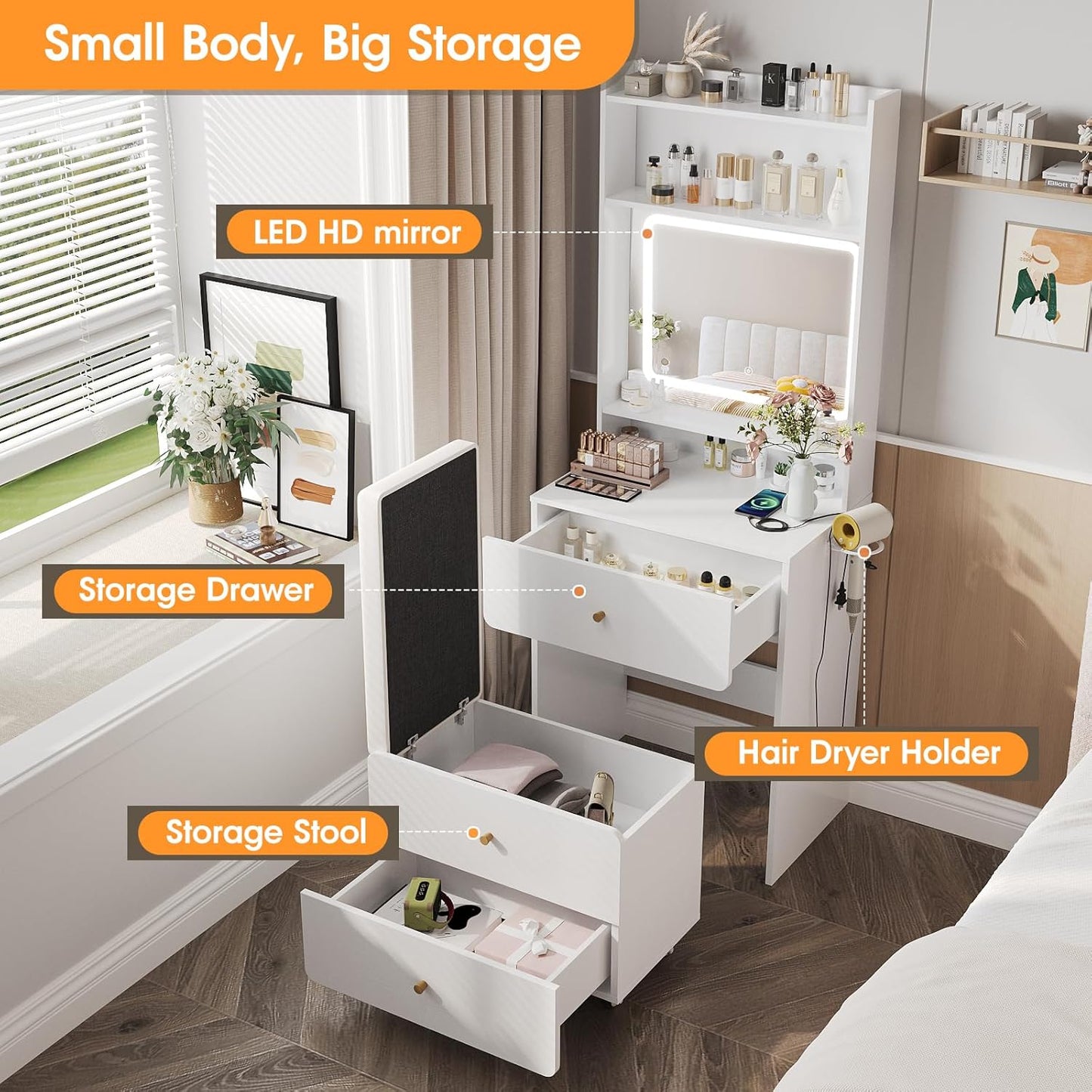 Vabches Make Up Vanity Desk with Mirror and Lights, White Vanity Table Set with Charger Station,Girls Small Vanity and Storage Chair