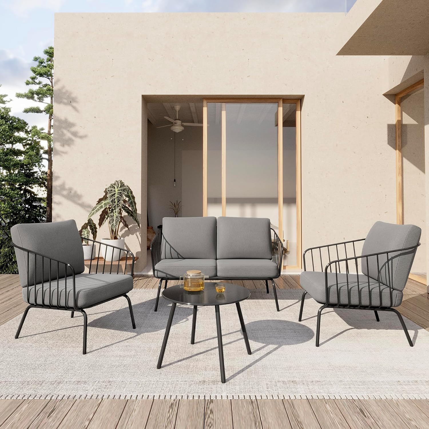 EAST OAK 4-Piece Plaza Patio Furniture Set, Outdoor Furniture for Balcony, Poolside, and Yard, with Thick Cushion Sofa and Coffee Table, Modern Patio Conversation Set, Black & Grey