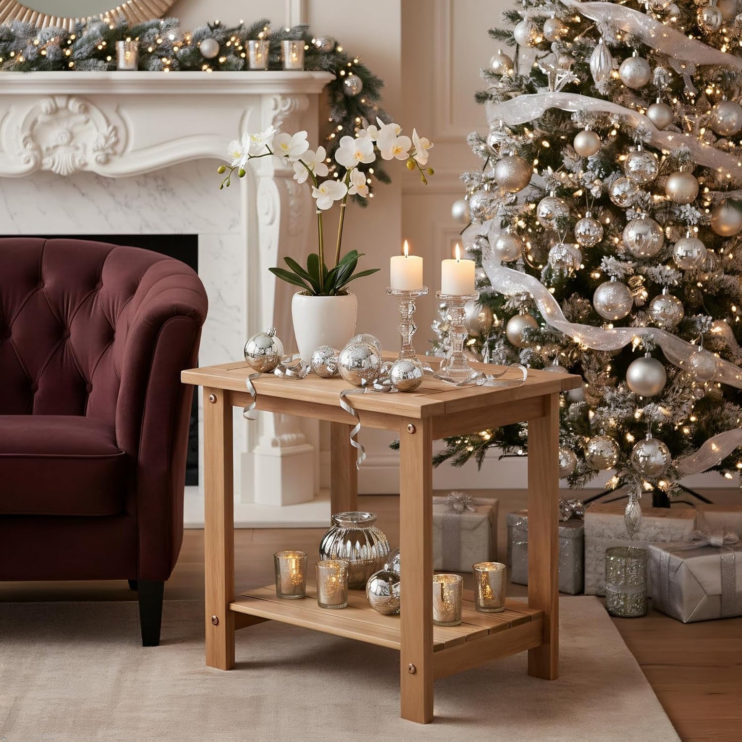 Double Adirondack Side Table, Weather-Resistant Rectangular End Table for Patio, Garden, Lawn, and Living Room. Ideal as a Stylish Indoor and Outdoor Side Table Companion, Natural