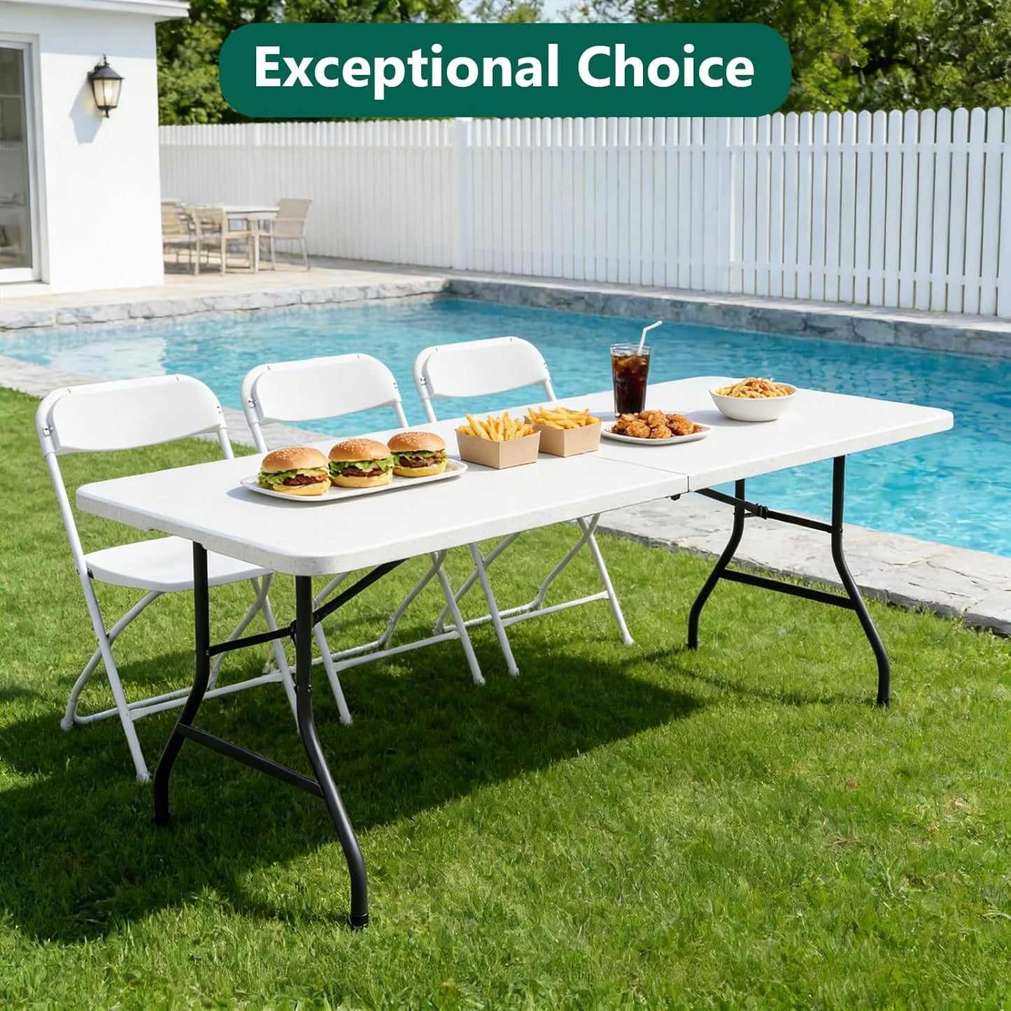 Folding Table 6ft - Heavy Duty Plastic Table with Handle, Foldable & Portable, Fold-in-Half Utility Tables for Outdoor, Dining, Wedding, Events, Indoor, Picnic, Camping, Party (White)