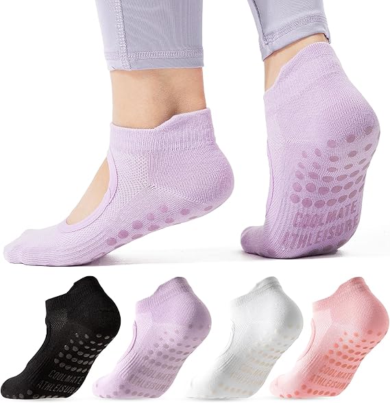 CoolMate Pilates Socks with Grips for Women, Yoga Socks, Crew Non Slip Women for Barre, Valentines Day Gifts for Her