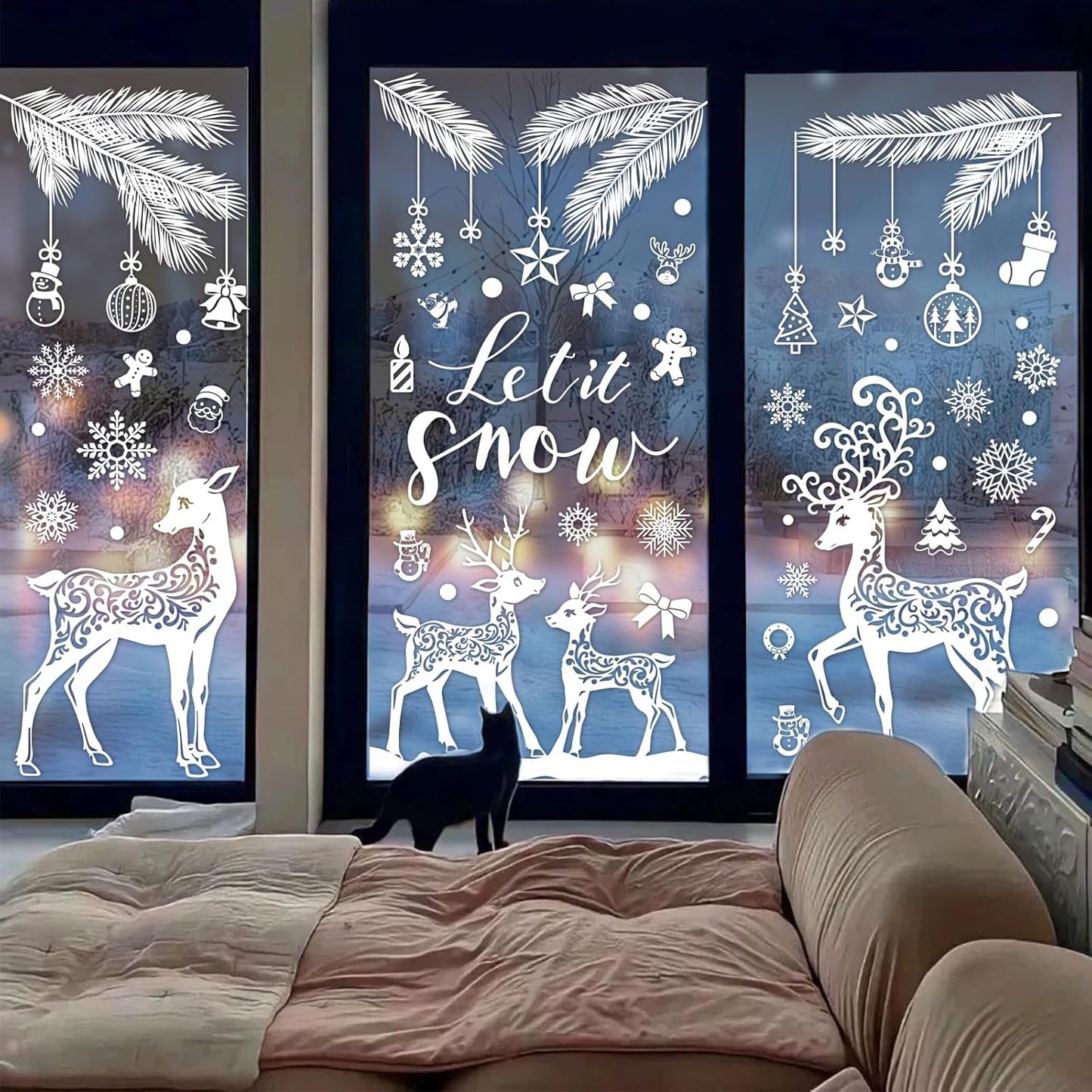 6 Sheet Winter Window Clings White Snowflake Reindeer Pine Branch Christmas Reusable Window Decals for Xmas Winter Party Home School Office Decor