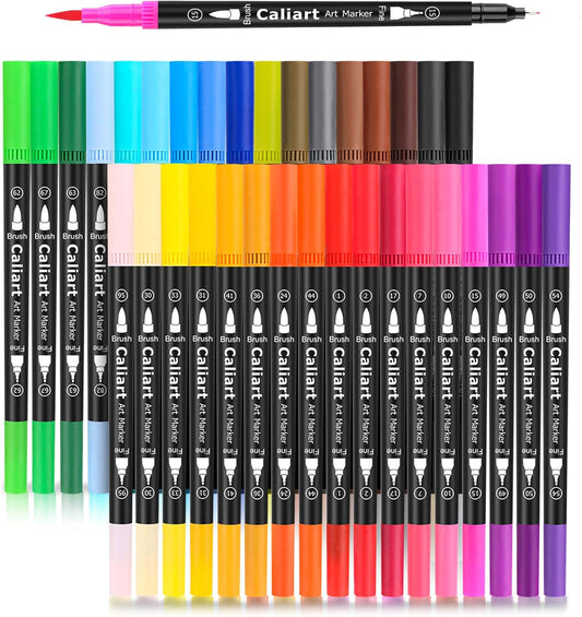 Caliart 34 Double Tip Brush Pens Art Markers, Artist Fine & Brush Pen Coloring Markers for Adult Book Cards Drawing Craft Kit Teacher Office Supplies