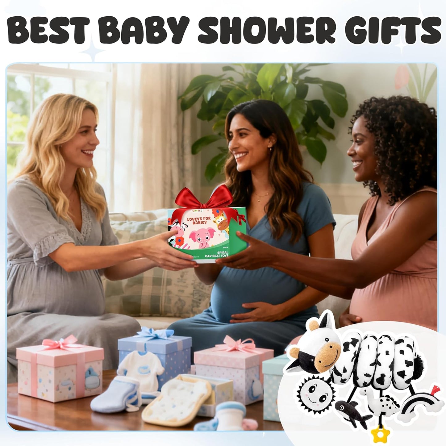 Spiral Car Seat Baby Toys 0-6 Months, Infant Carseat High Contrast Sensory Toys Hanging Stroller Accessories, Newborn Shower Gifts for Baby Boys Essentials Stuff, Cute Black and White Cow