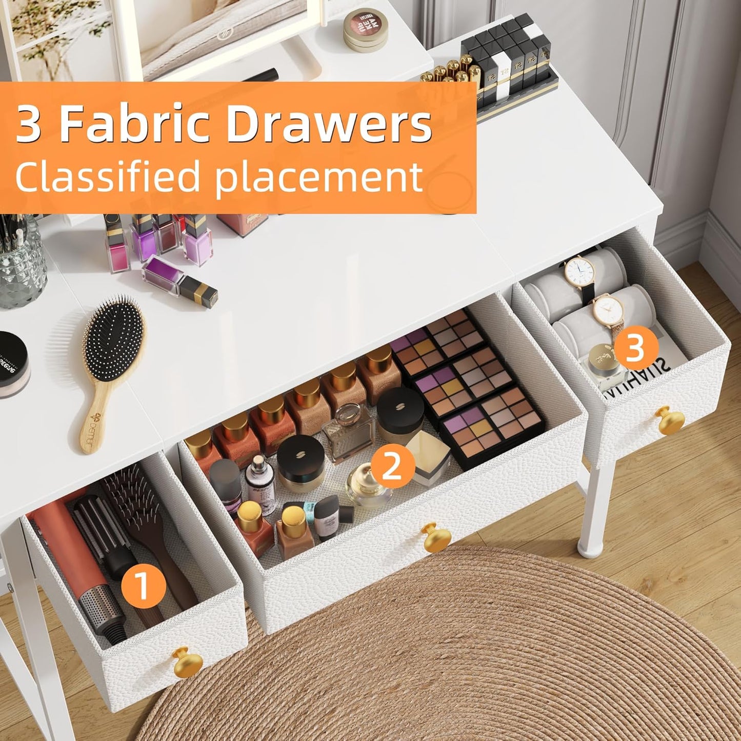 Small Makeup Vanity Desk 27.5''W with Mirror and Lights, Vanity Desk with 3 Fabric Drawers and Height-Adjustable Stand, Vanity Table for Girls Gifts, Bedroom and Small Spaces, White