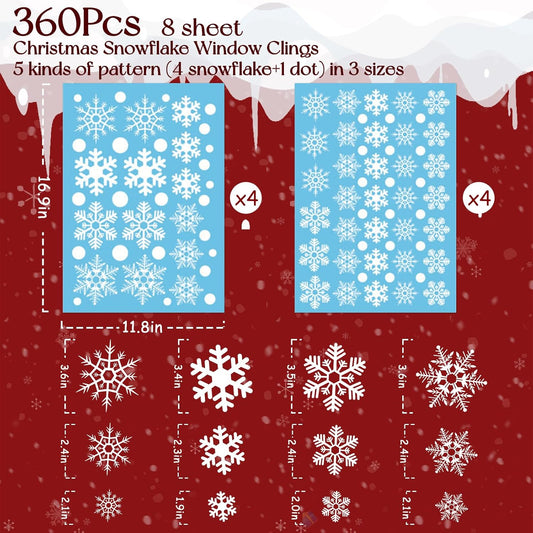 360Pcs Snowflake Christmas Window Clings, Static Christmas Window Stickers Creative White Decorations Winter Xmas Decals Party Supplies(8-Sheet)