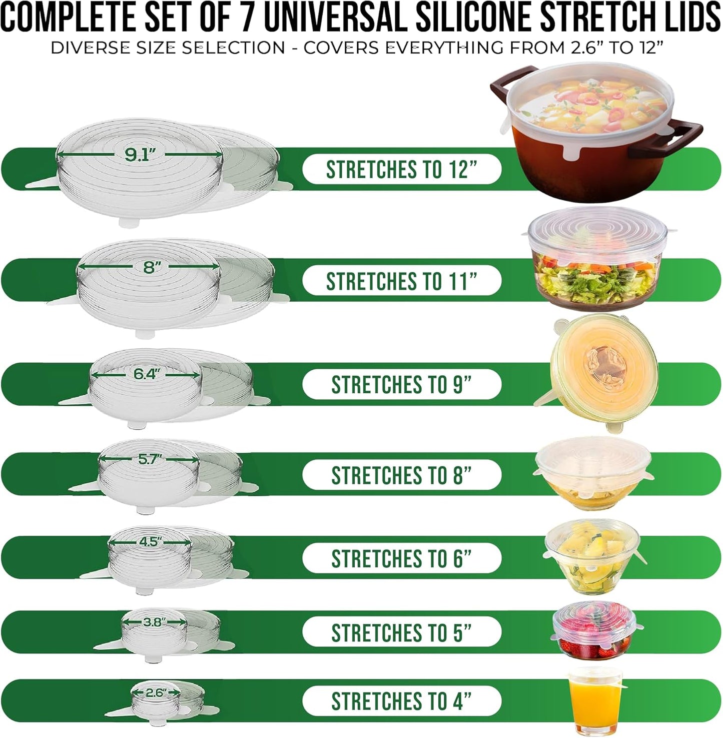 Reusable Silicone Stretch Lids for Food Storage in Fridge - Elastic Heat-Resistant Bowl Covers, Cups, Cans, Jars - Universal Food Grade Lid for Round and Rectangle Containers - Dishwasher Safe -7 Pack