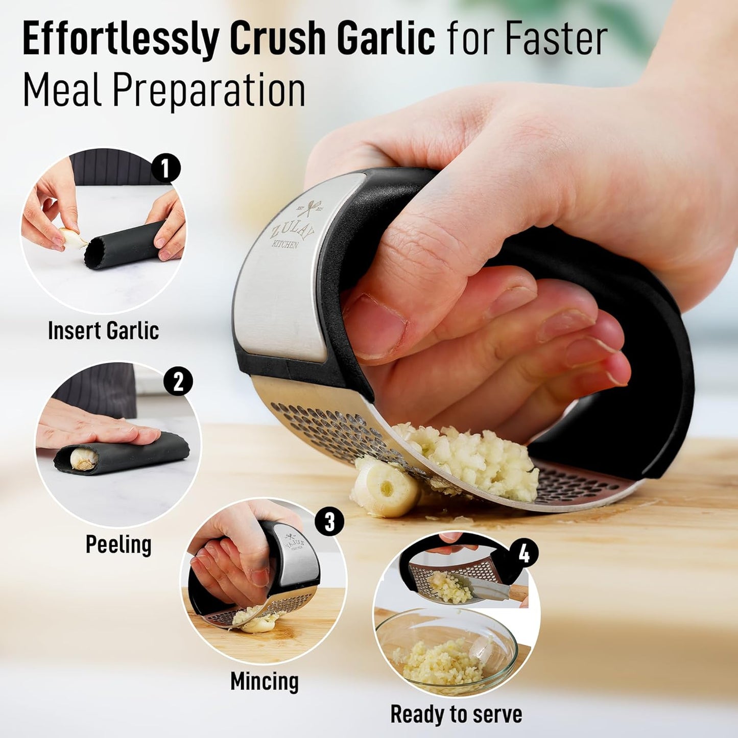 Zulay Kitchen Stainless Steel Garlic Press Rocker Set - Premium Garlic Mincer Garlic Crusher - New Innovative Garlic Crusher with Peeler and Scraper - Comfortable Grip (Black)