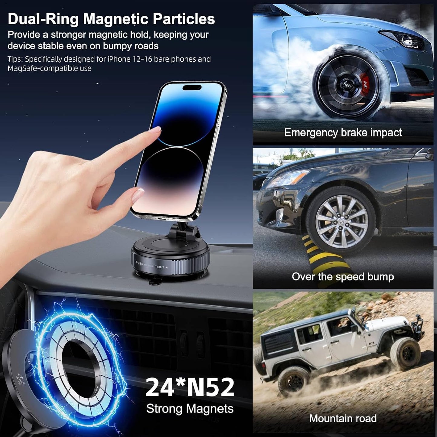 Vacuum Magnetic Suction Phone Holder, Foldable and Retractable Hands-Free Suction Cup Phone Mount for Car/Gym/Mirror/Smooth Surface, Compatible with iPhone Android and All Smartphones (Black)