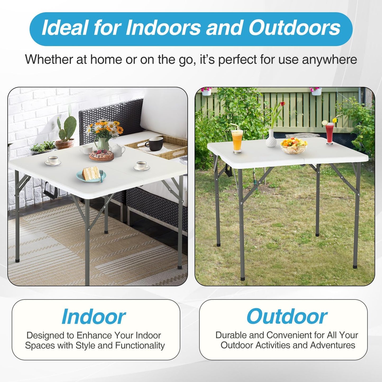 FDW 34" Folding Card Table Plastic Table Portable Square Height Dining Table Perfect for Party and Parties Backyard Events, White