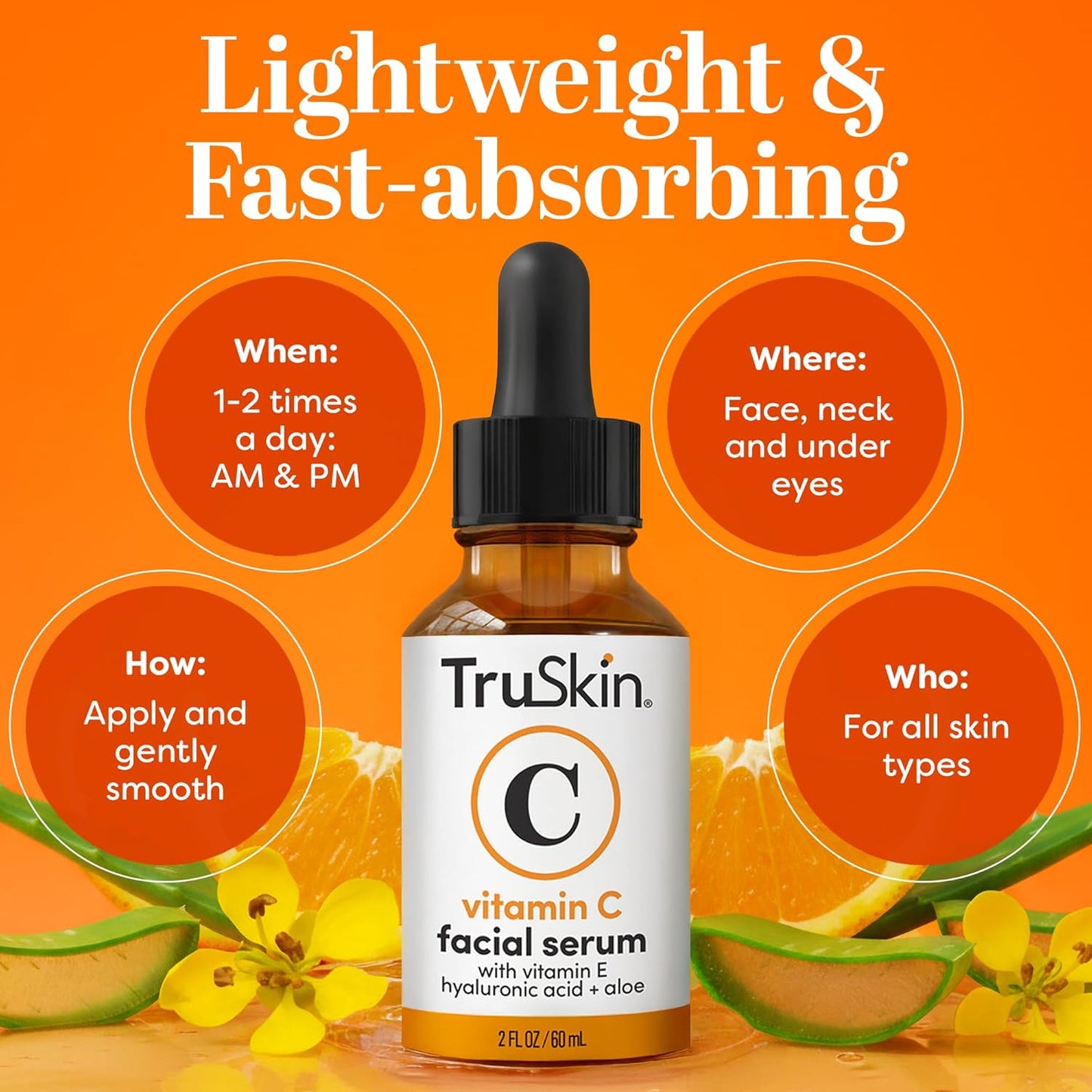 TruSkin Vitamin C Serum for Face – Anti Aging Face Serum with Hyaluronic Acid & Vitamin E – Brightening Formula for Improving Appearance of Dark Spots, Fine Lines & Wrinkles – All Skin Types, 2 Fl Oz