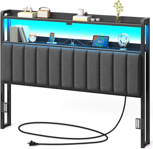 Rolanstar Headboard for Queen Size Bed with Storage, 60,000 DIY Color of LED Light, Head Board with USB & Type C Port, Height Adjustable, Black Upholstered Cabeceras de Cama Comfortable Modern, Linen