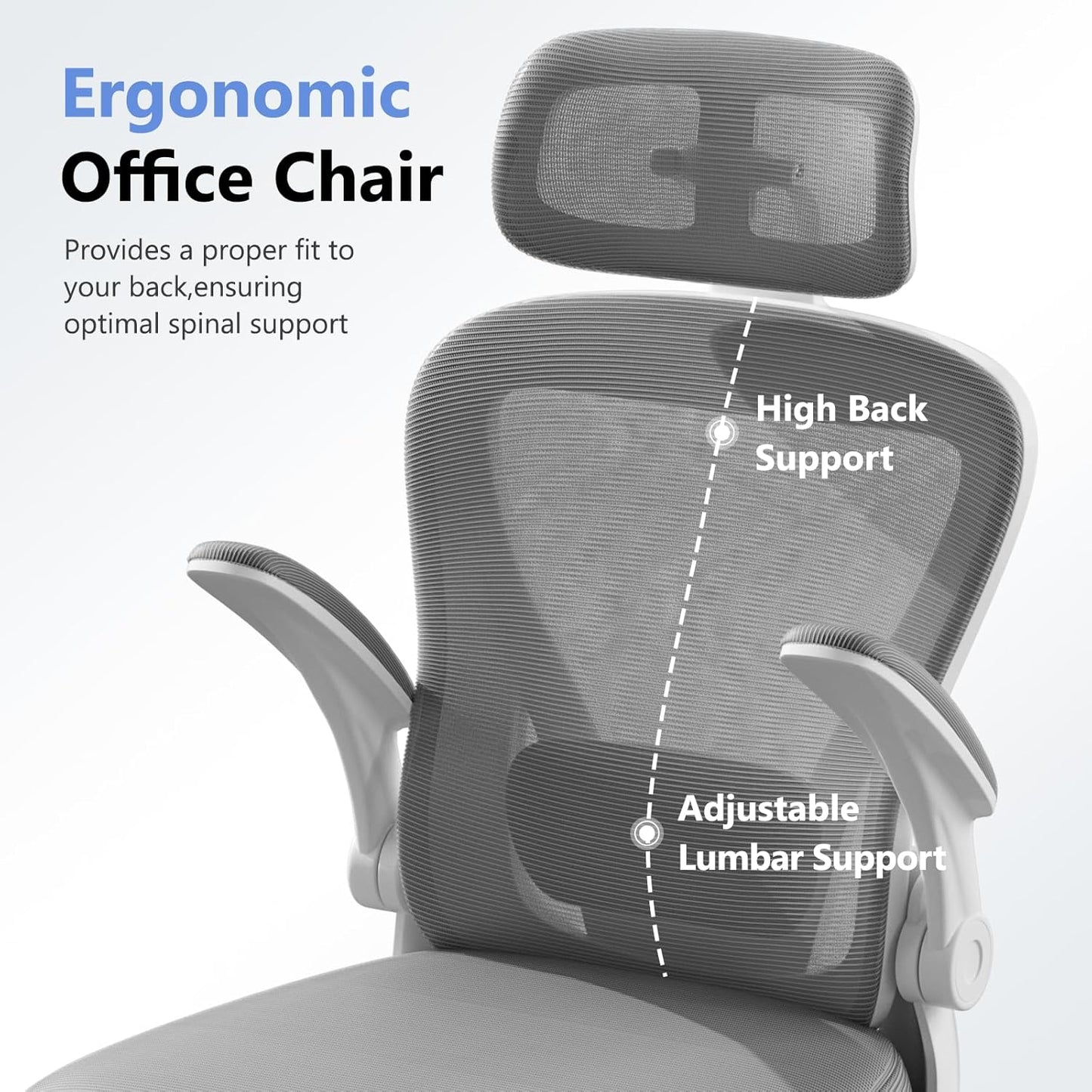 Computer Desk Chair, Ergonomic Office Chair M903 with Wheels, High Back Mesh Office Chair with Adjustable Lumbar Support, Headrest, Flip-Up Armrests, Withe Grey