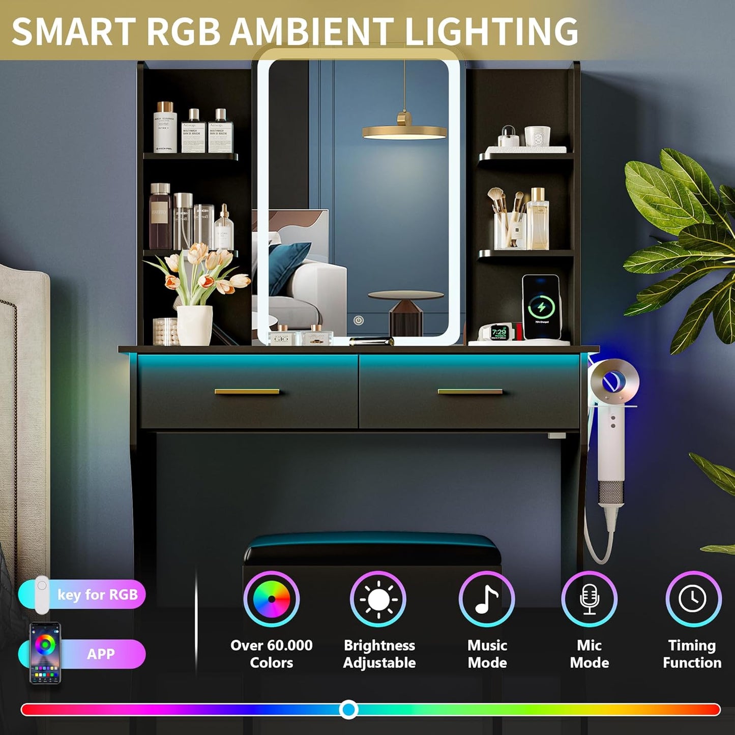 Vanity Desk with LED Lights Mirror & Power Outlet, Small Makeup Vanity Table Set with Storage Drawers & Chair, 3 Lighting Modes & Adjustable Brightness, Dressing Table for Women Girls Bedroom, Black