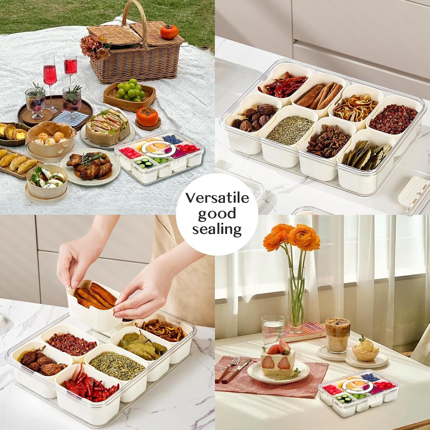 Snackle Box Container,Portable Snack Box 8 Compartment Divided Serving Tray with Lid and Handle,Clear Storage Organizer for Fruit Candy Nuts Veggie-Perfect for Road Travel Party（1 Pack）