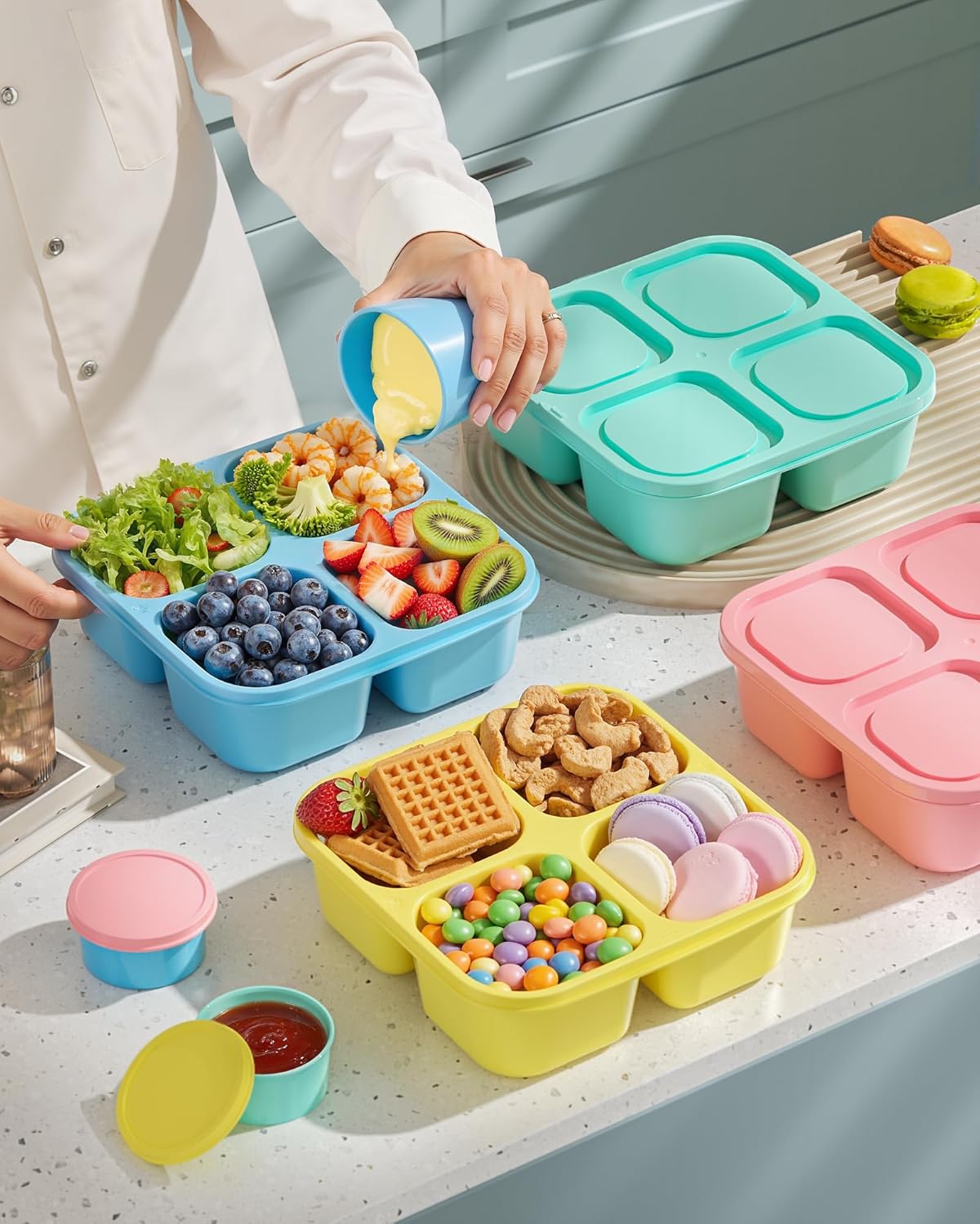4 Pcs Snack Box Containers Set, Reusable 4 Compartment Lunchable Container with 2Pcs Sauce Containers, Stackable BPA-Free Bento Box for School, Work, Travel (4 Color)