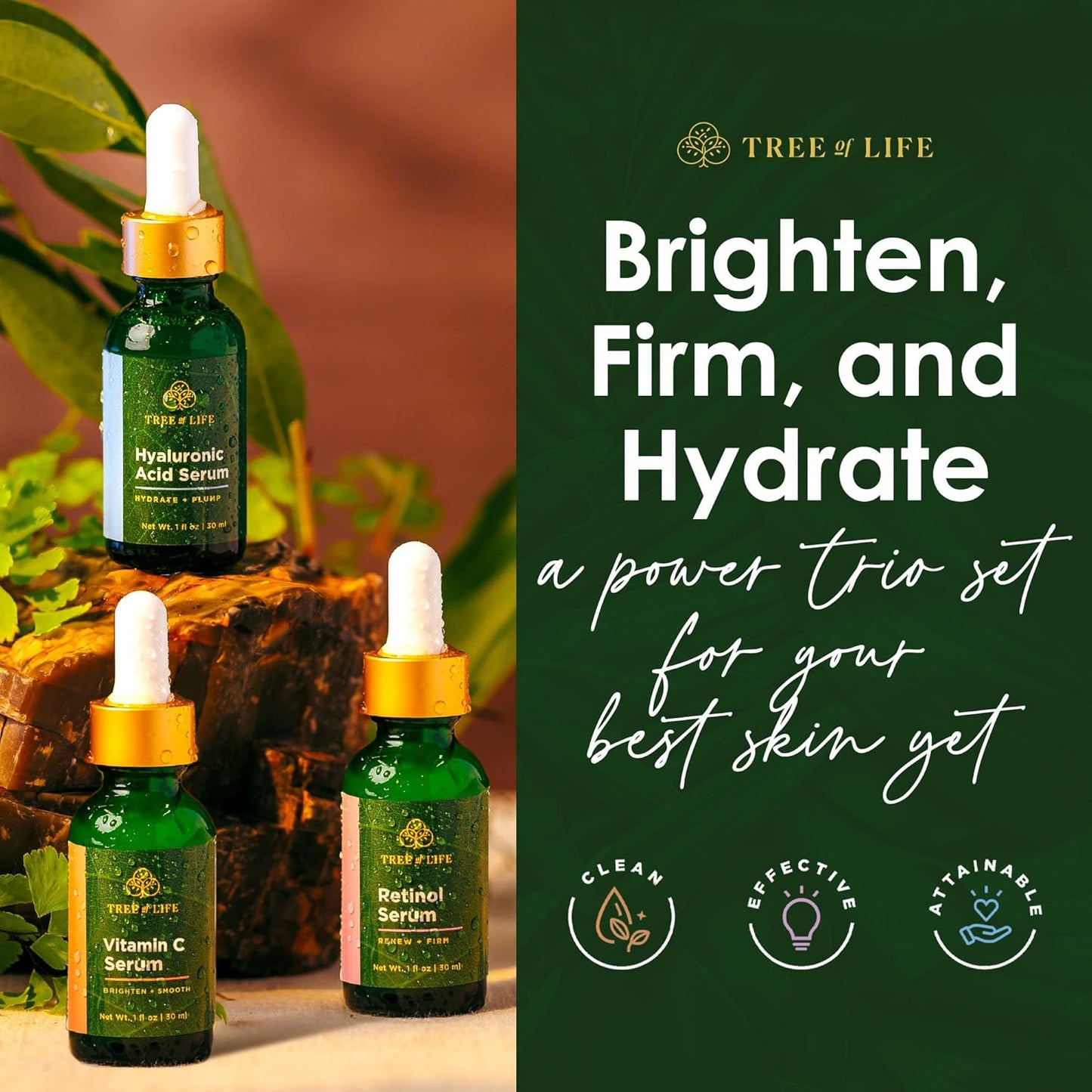 Tree of Life Beauty Facial Skin Care Set, Brightening, Firming, Hydrating, Dry Face, Dermatologist Tested - Trio Power Kit, Vitamin C, Retinol and Hyaluronic Acid, 3 count of 1 Fl Oz