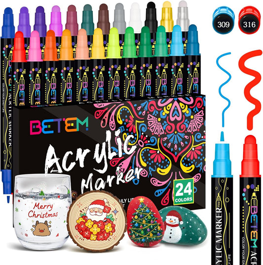 Betem 24 Colors Dual Tip Acrylic Paint Pens Markers, Premium Acrylic Paint Markers Stocking Stuffers for Rock, Wood, Fabric, Glass, Canvas, Ceramic, Gifts for Teens DIY Crafts Art Supplies