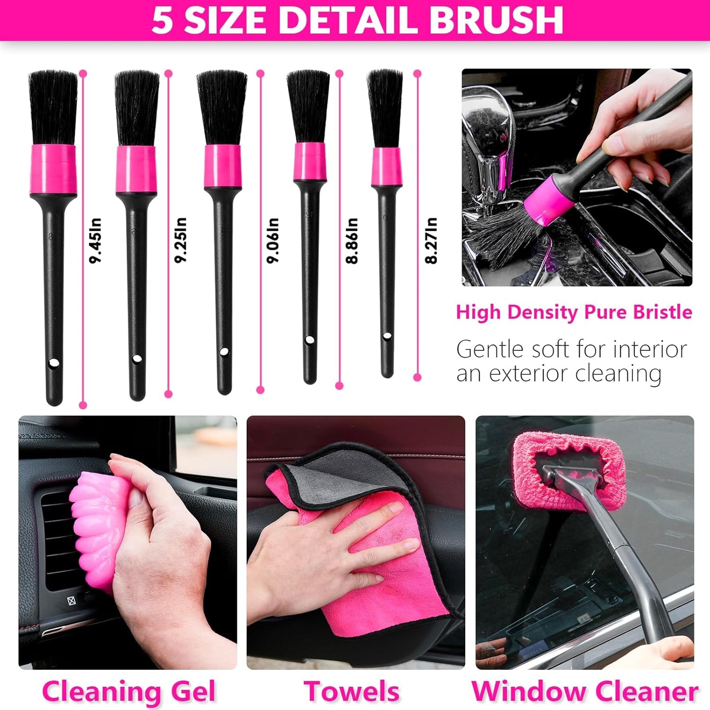 ThinkLearn Car Cleaning Kit, Car Vacuum Detailing Kit Interior with High Power Handheld Vacuum, Including 7Pcs Detailing Brush Set, Windshield Cleaner, Pink Car Accessories for Women