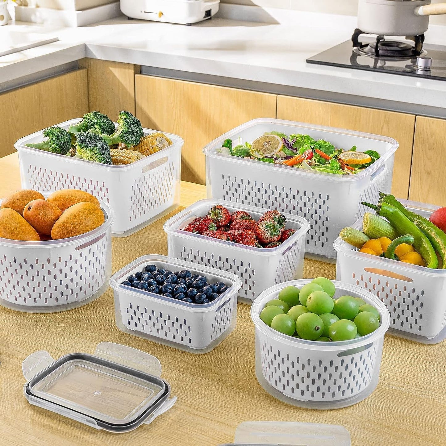 Freshmage Fruit Storage Containers for Fridge with Removable Colander, Airtight Food Storage Container, Dishwasher Safe Produce Saver Container for Refrigerator, Keep Berry Fruit Fresh 4 pcs Small