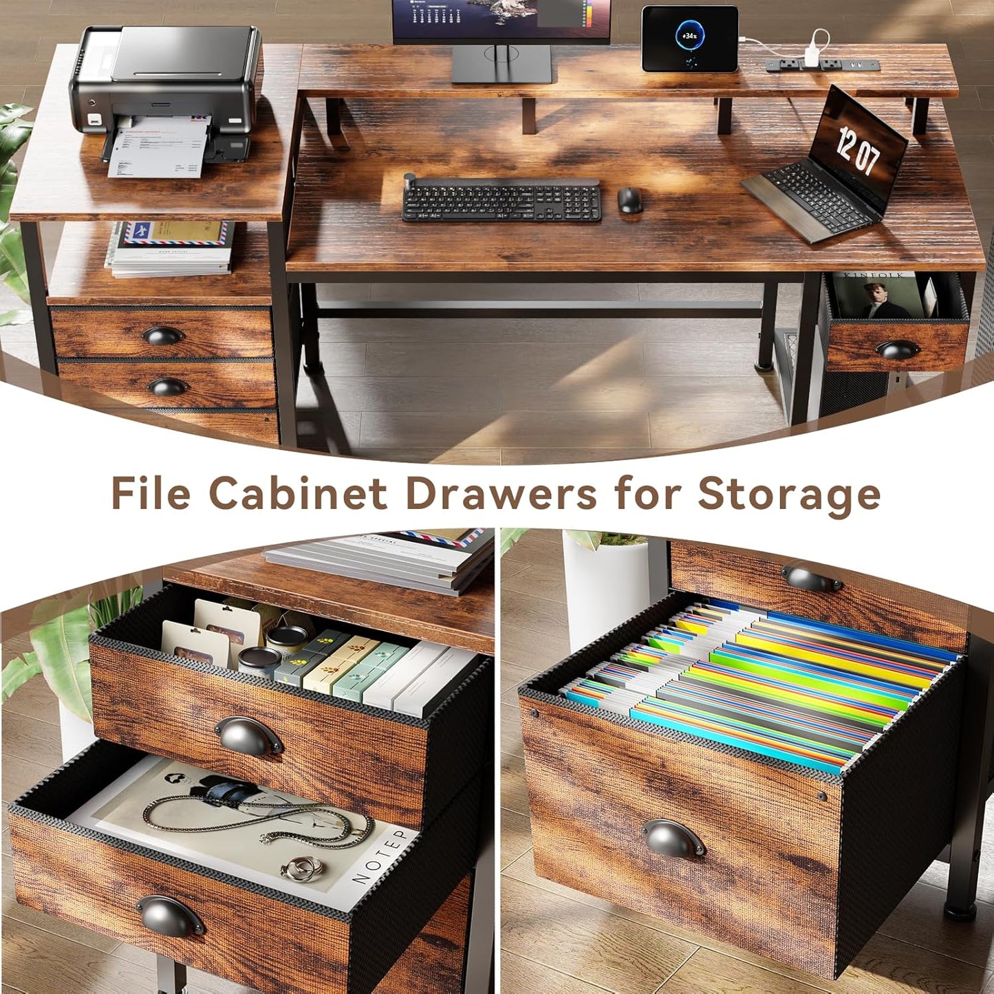 Furologee 60" Computer Desk with 4 Drawers and Printer Space, Gaming Desk with LED Lights and USB Power Outlets, Office Desk with Fabric File Cabinet, Work Table with Shelf for Bedroom, Rustic Brown