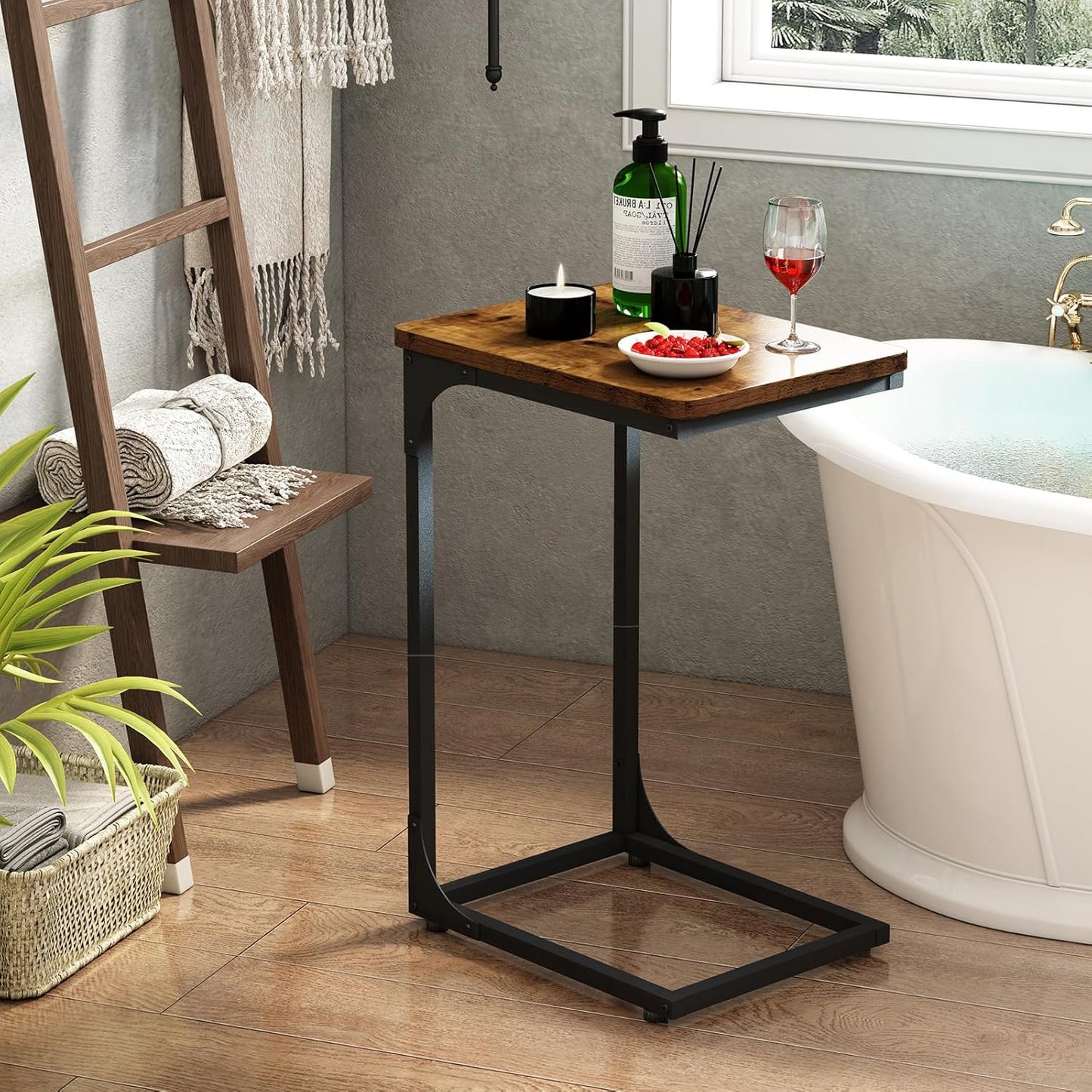 QEEIG C Table Side Table Set of 2 Living Room Sets C Shaped Couch Tray End Tables Farmhouse, Rustic Brown (017-30BN)