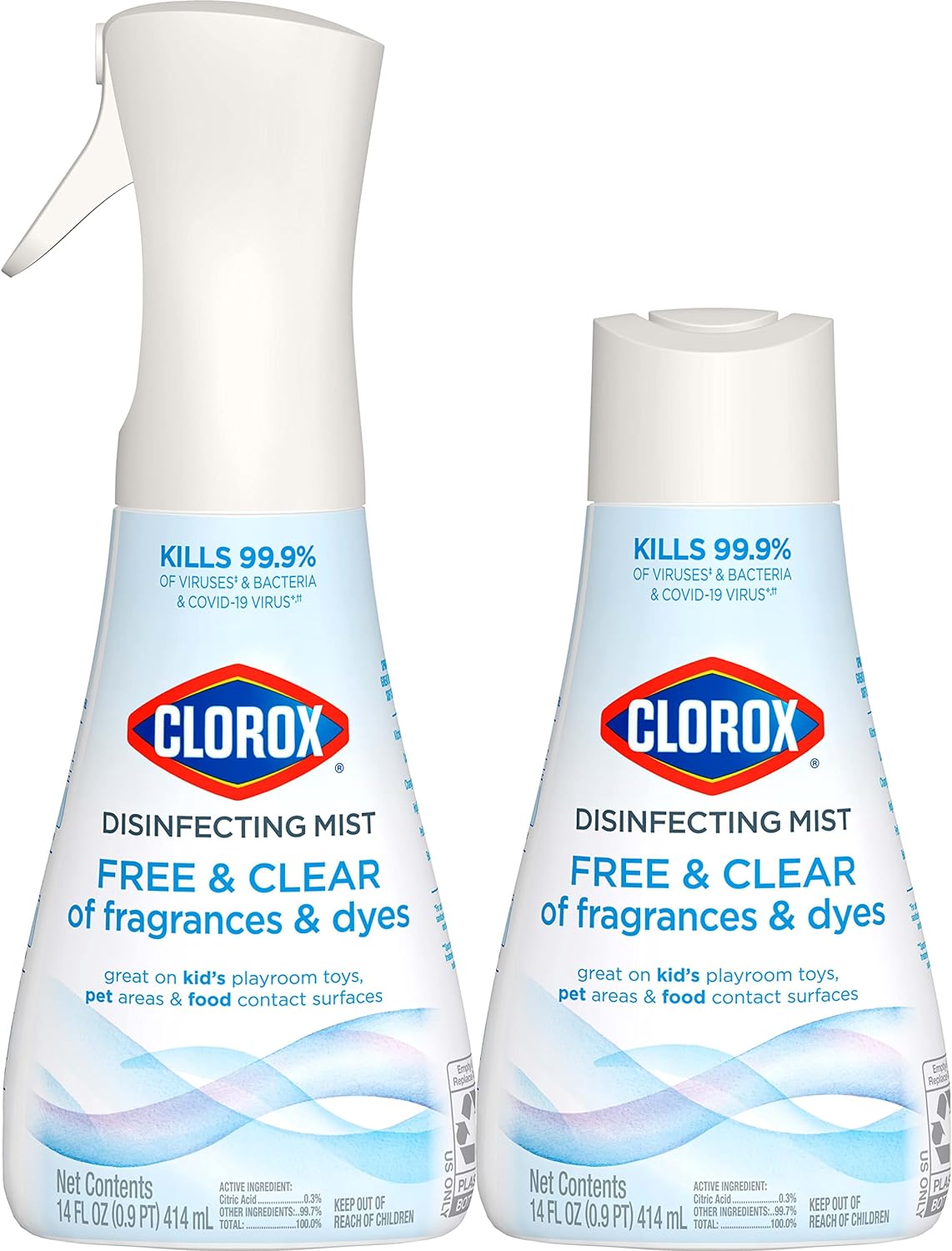 Clorox Free & Clear Disinfecting Mist, Household Essentials, 1 Spray Bottle and 1 Refill, 14 Fl Oz Each