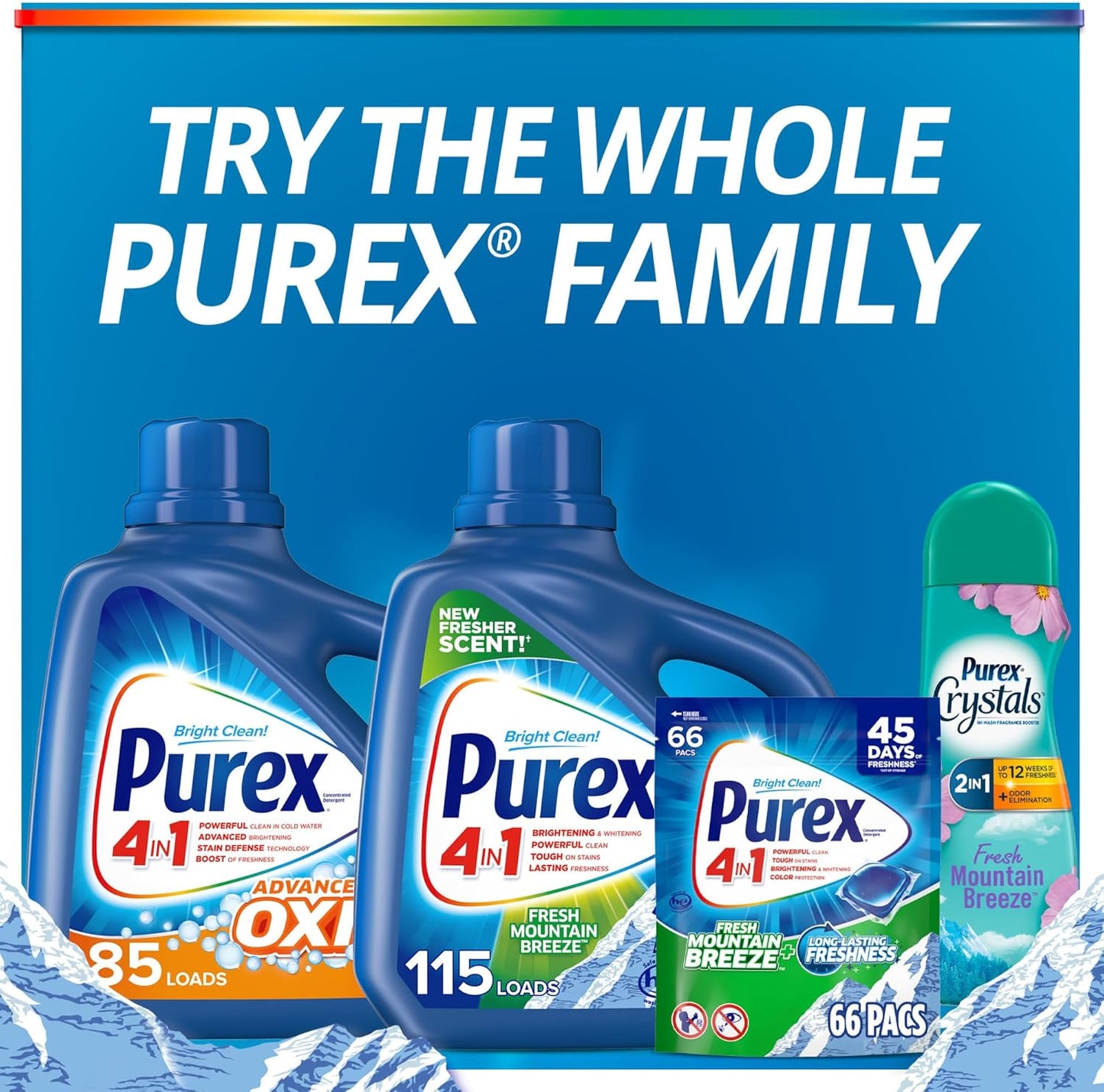 Purex 4-in-1 Laundry Detergent Pacs, Fresh Mountain Breeze, 66 Pacs