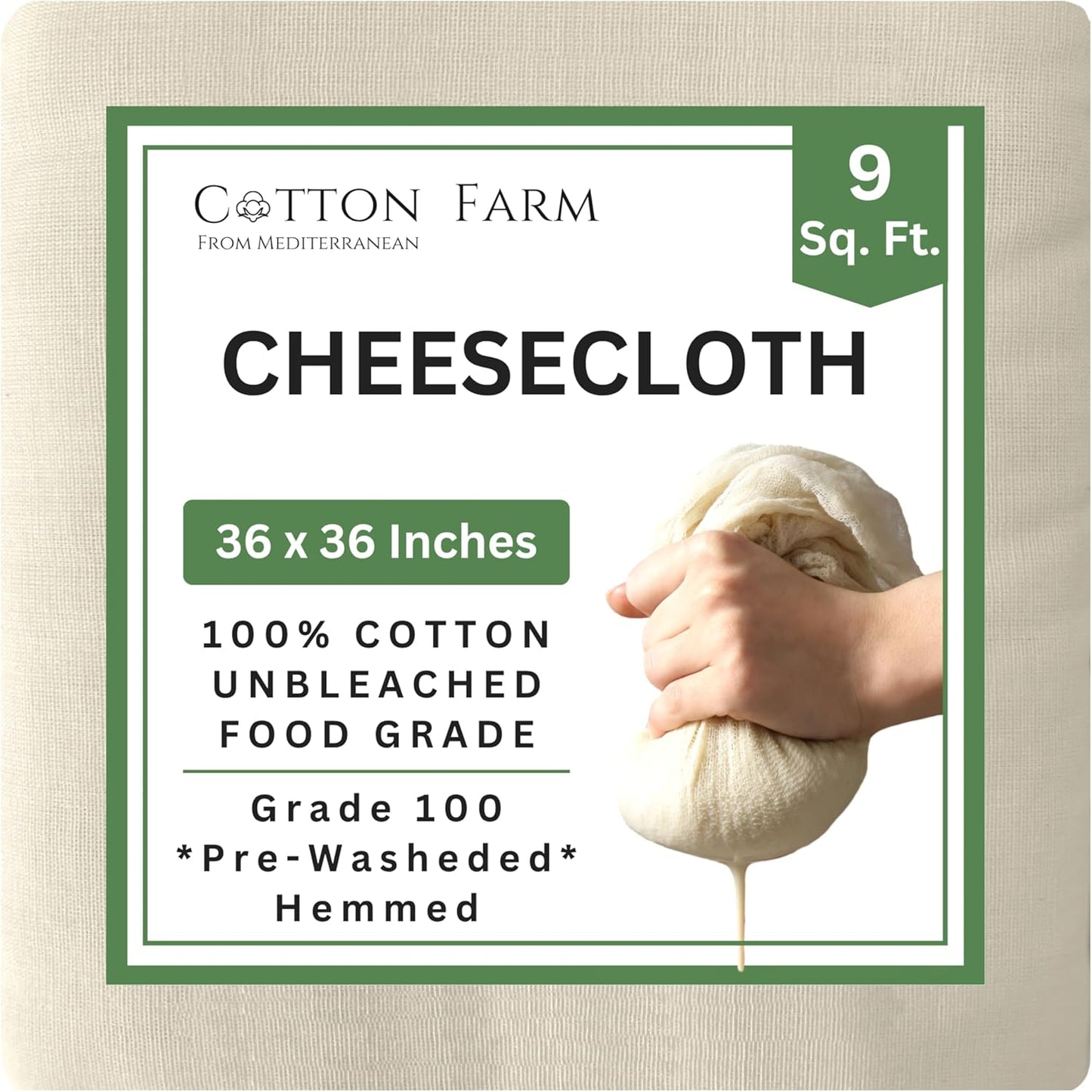 Cotton Farm Grade 100 XL Cheese Cloths - Straining & More; 36x36 Inch; 100% Unbleached Cotton Cheesecloth; Reusable with Hemmed 2 Edges; Ultra-Dense (the finest) Butter Muslin