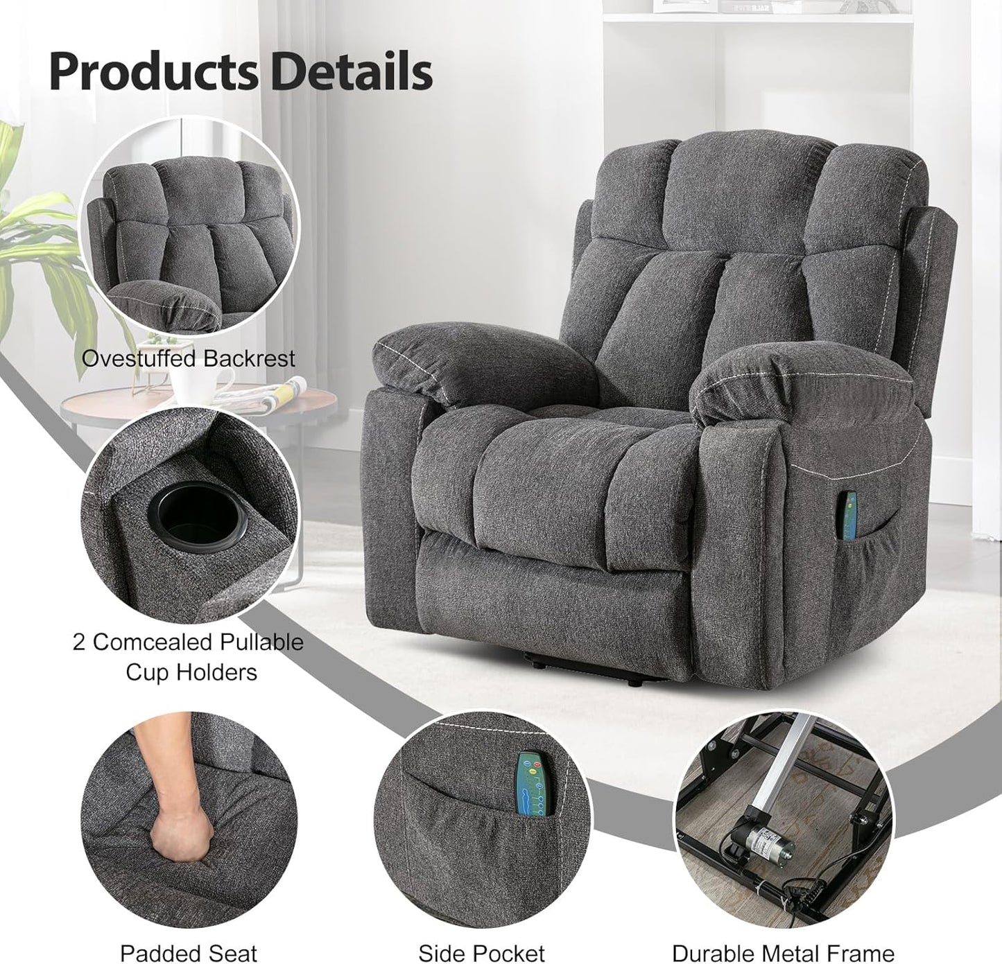 Phoenix Home Large Power Lift Recliner Chair with Massage and Heat for Elderly, Overstuffed Wide Recliners with 2 Cup Holders, Side Pocket and USB Port, Dark Gray