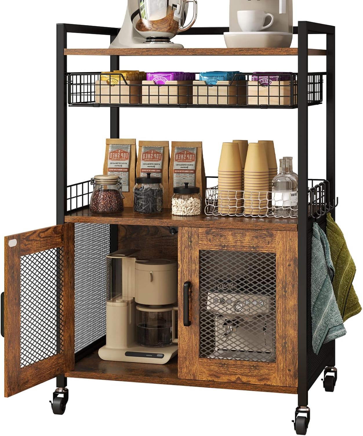 Coffee Bar Cabinet, 3 Tier Coffee Station Table on Wheels, 35.9" H Bar Cart with Wire Basket Drawer & 5 Hooks for Home Kitchen, Liquor Buffet Sideboard Cabinet (Rustic Brown)
