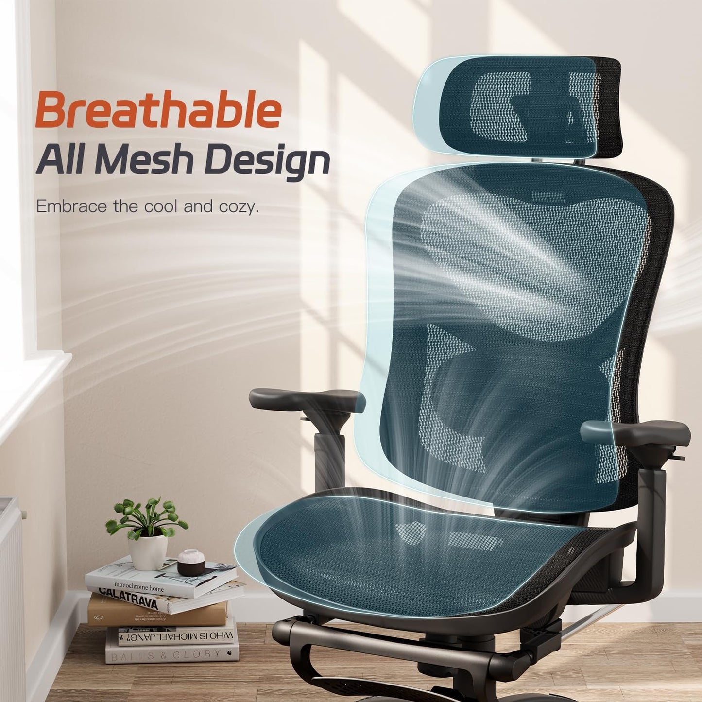 Ergonomic Office Chair, Mesh Desk Chair with Footrest, Adjustable Lumbar Support, 3D Armrest & Large Headrest, 3-Gear Tilt Recline, Stable Swivel Computer Gaming Chairs for Man Woman