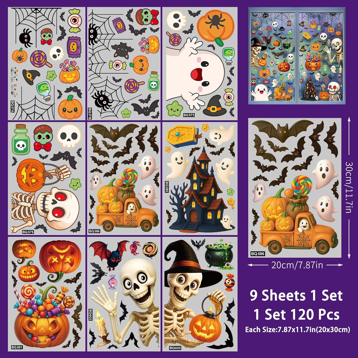 120 Pcs Halloween Window Clings Stickers– 9 Sheets Halloween Decorations, Double-Sided Window Stickers with Pumpkins Skeletons, Removable Glass Decals for Indoor Outdoor Trick or Treat Parties