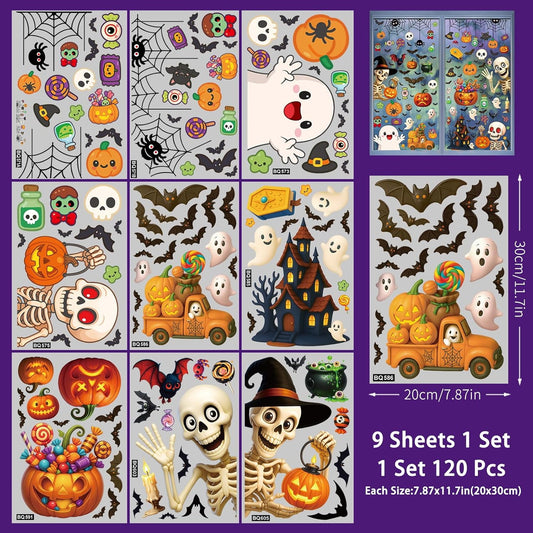 120 Pcs Halloween Window Clings Stickers– 9 Sheets Halloween Decorations, Double-Sided Window Stickers with Pumpkins Skeletons, Removable Glass Decals for Indoor Outdoor Trick or Treat Parties