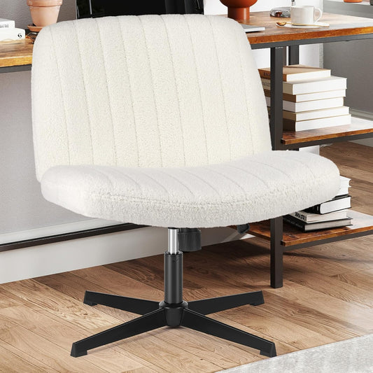 Sweetcrispy Criss Cross Chair Legged, Armless Office Swivel Desk Chair No Wheels, Vanity Height Adjustable Wide Seat Computer Task Seating - Teddy Cream