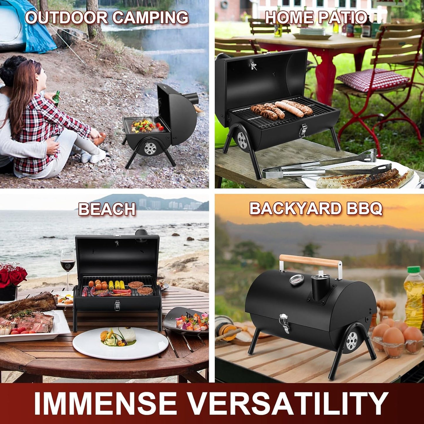 Joyfair Portable Charcoal Grill with Thermometer, Small Tabletop Barbecue Grill for Outdoor Camping Backyard Party BBQ Cooking, Extra Thick Steel & Heavy Duty, Innovative Design & Easy Assembly