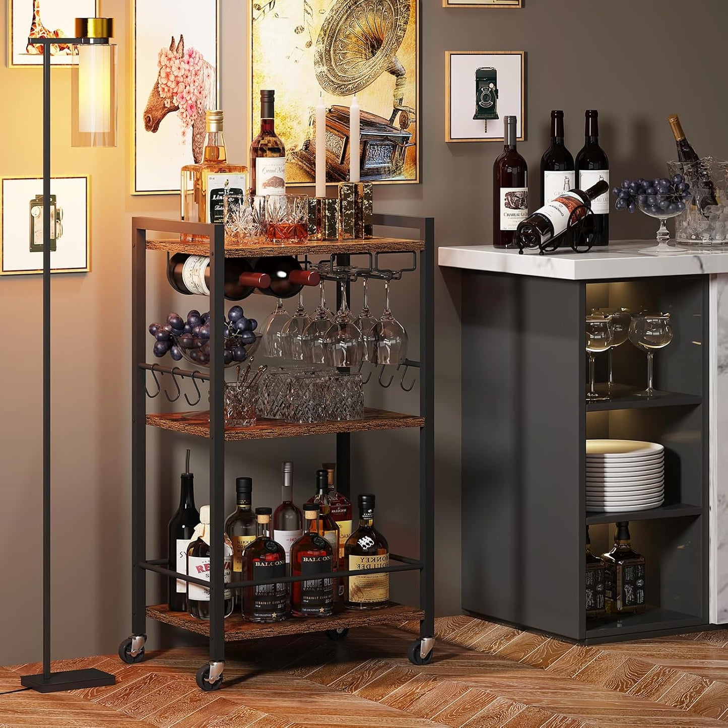 TUTOTAK Bar Cart, Home Bar Serving Cart with 3-Tier Shelf, Drink Cart with Wine Rack, Glass Holder, Rolling bar carts for The Home, Living Room, Brown BC01BB035