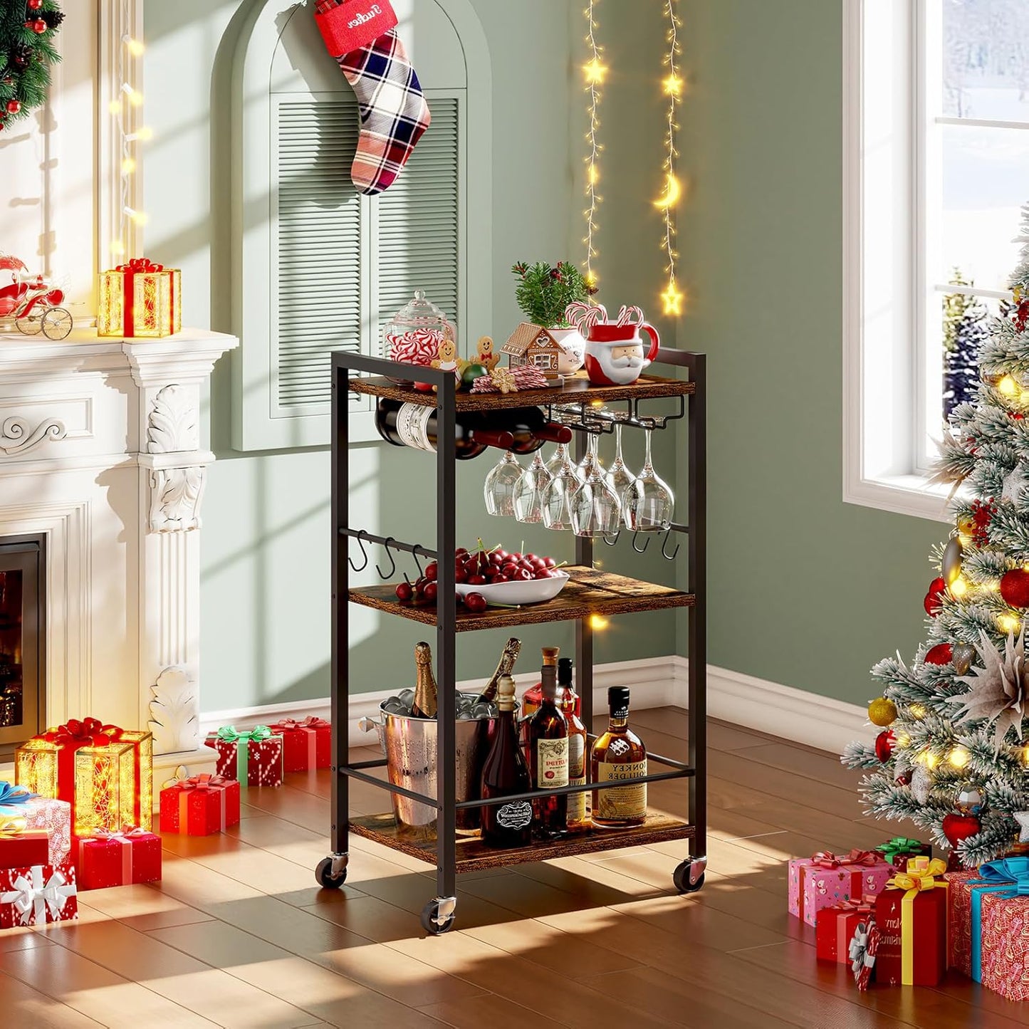 TUTOTAK Bar Cart, Home Bar Serving Cart with 3-Tier Shelf, Drink Cart with Wine Rack, Glass Holder, Rolling bar carts for The Home, Living Room, Brown BC01BB035