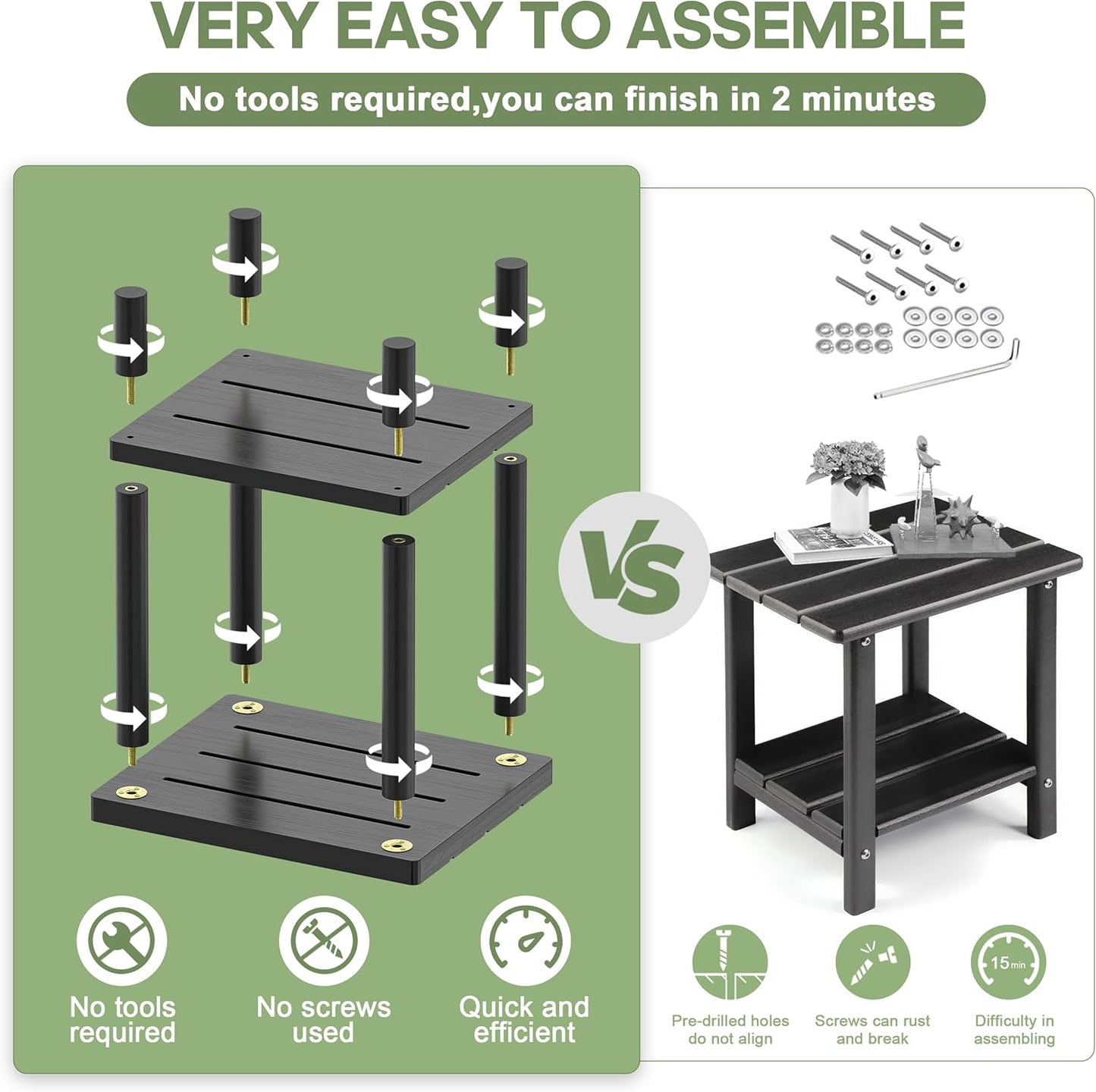 Outdoor Side Table, 2-Tier Small Outdoor Table for Patio, Adirondack Side Tables for Outside or Indoor, Bamboo End Table for Pool, Porch, Weather Resistant Easy Maintenance-Black