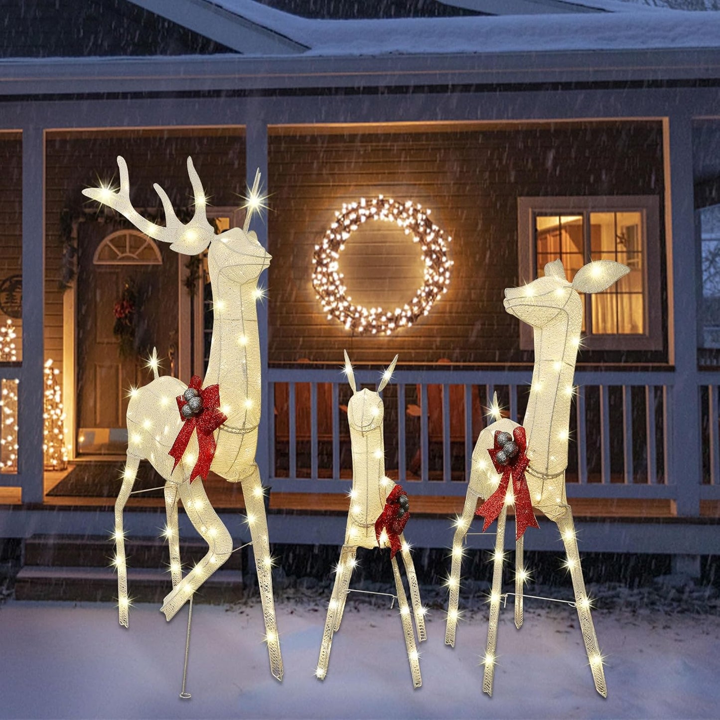 Lulu Home Set of 3 Pre-lit White Reindeer with 210 LEDs Warm White Lights, 3D Light Up Glittered Standing Reindeer Family for Xmas Lighted Holiday Display Indoor Outdoor