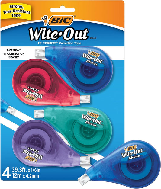 BIC Wite-Out Brand EZ Correct Correction Tape, 19.8 Feet, 4-Count Pack of White Correction Tape, Fast, Clean and Easy to Use Tear-Resistant Tape Office or School Supplies
